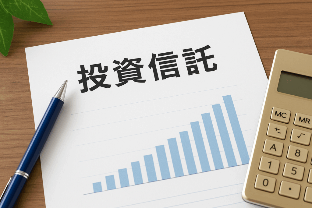 「投資信託」と書かれた資料と電卓、ペンが並ぶデスク。資産形成や投資信託をテーマにした記事のタイトル下画像。