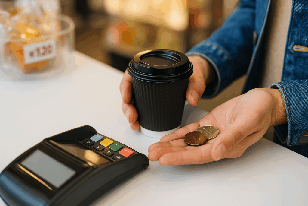 ちょっとした日常の支出が、積み重なると大きな差になる。 コンビニでコーヒーを買う人の手元。何気ない出費を象徴する日常のワンシーン。