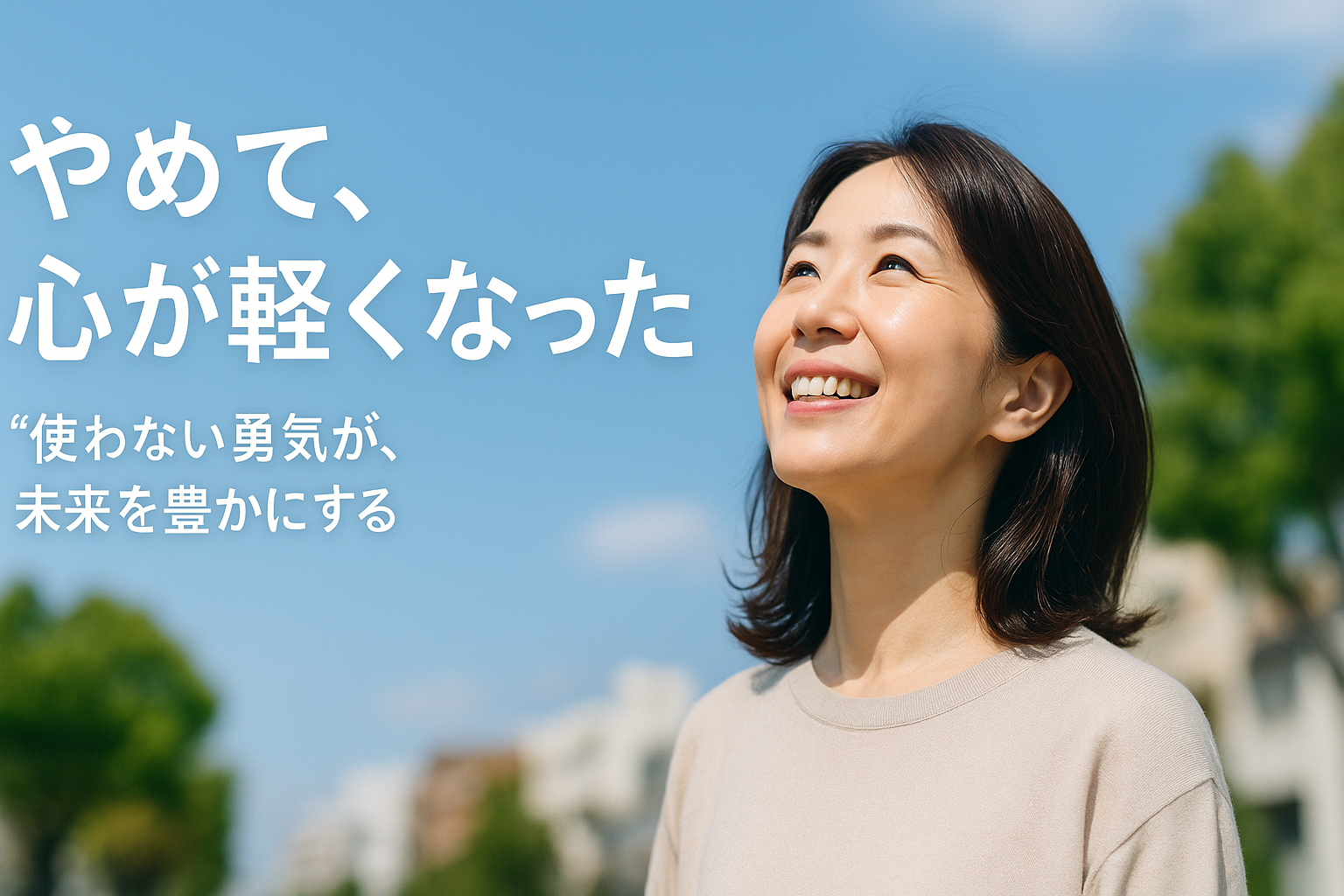 日中の柔らかな自然光の下、40代の日本人女性が笑顔で空を見上げている。無駄な出費をやめ、心が軽くなった喜びと未来への希望を感じさせる穏やかなシーン。