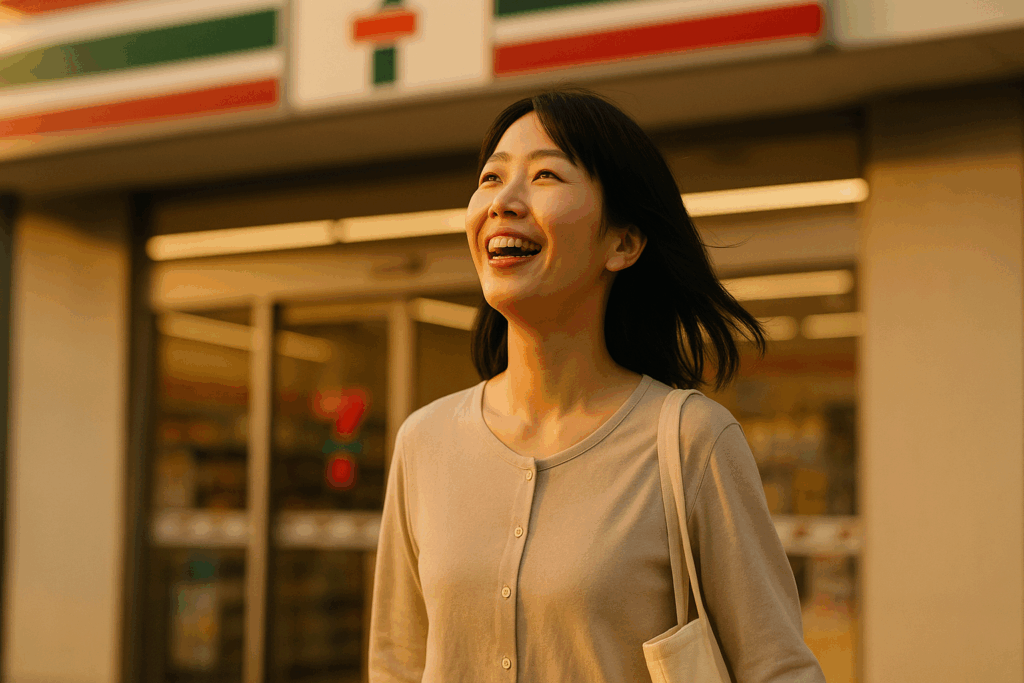 コンビニの前を笑顔で通り過ぎ、夕空を見上げる40代の日本人女性。無駄な買い物をやめ、自由と心の軽さを感じている穏やかなシーン。