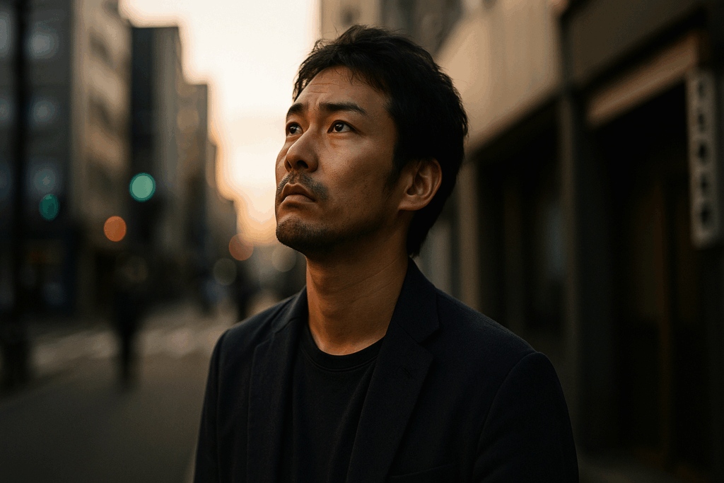 街角で立ち止まり、上を見つめる30代の日本人。過去を振り返りながら、決意と後悔が入り混じった表情を浮かべている感情的なシーン。