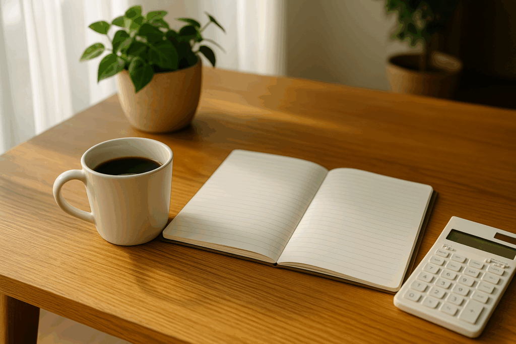 家計簿を前向きに続けるための落ち着いた暮らしのイメージ。コーヒーとノートで家計を整える朝の時間。