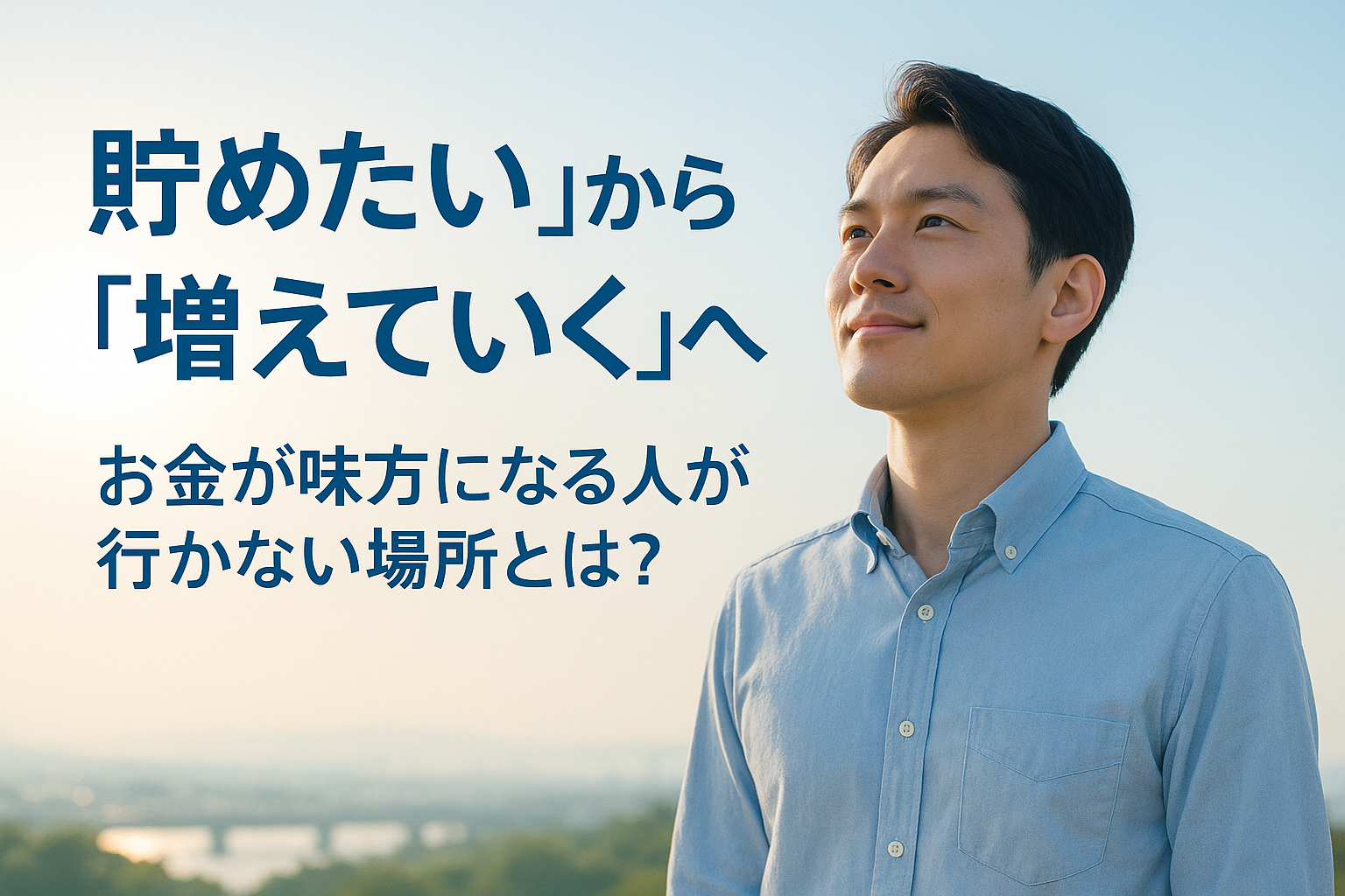 お金の不安から解放されたい30代の日本人が朝の光の中で未来を見つめる姿。「貯めたい」から「増えていく」へというメッセージを表現したアイキャッチ画像