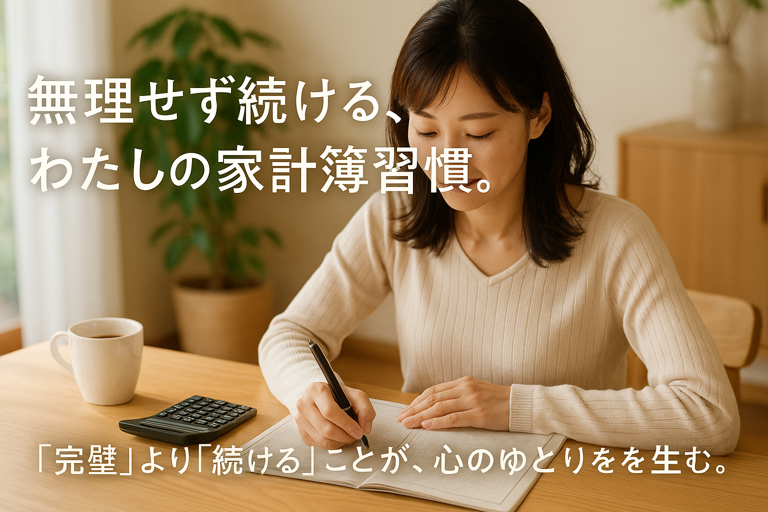 朝の光が差し込むリビングで、30代の日本人女性がノートに家計簿をつけている。電卓とマグカップが置かれた木のテーブルで、落ち着いた雰囲気の中お金と向き合う様子。