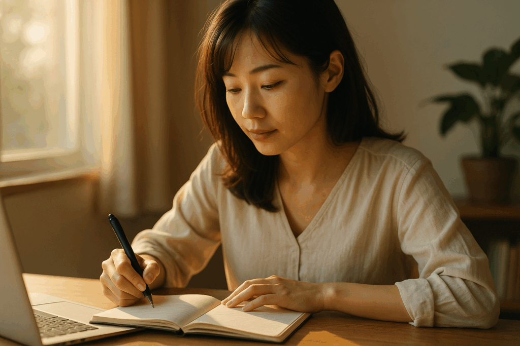 朝の柔らかな光が差し込む書斎で、30代の日本人女性がノートを開き、穏やかな表情で書き留めている。学びや気づきを得て、自分と向き合う瞬間を象徴するシーン。