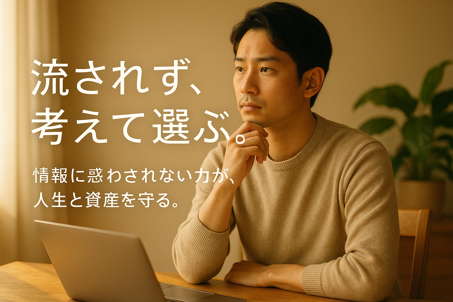 朝の自然光が差し込む書斎で、30代の日本人男性がノートPCの前に座り、静かに考えている様子。暖色系のやわらかな光が部屋を包み、落ち着きと知性を感じさせる雰囲気。