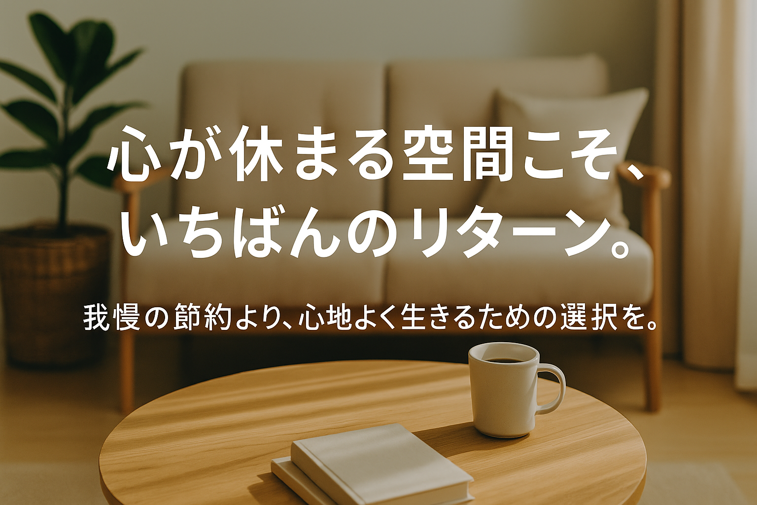 ベージュを基調にした落ち着いたリビング。自然光と観葉植物が心地よい空間を演出し、「心が休まる空間こそ、いちばんのリターン。」の文字が入った投資ブログ用アイキャッチ画像。