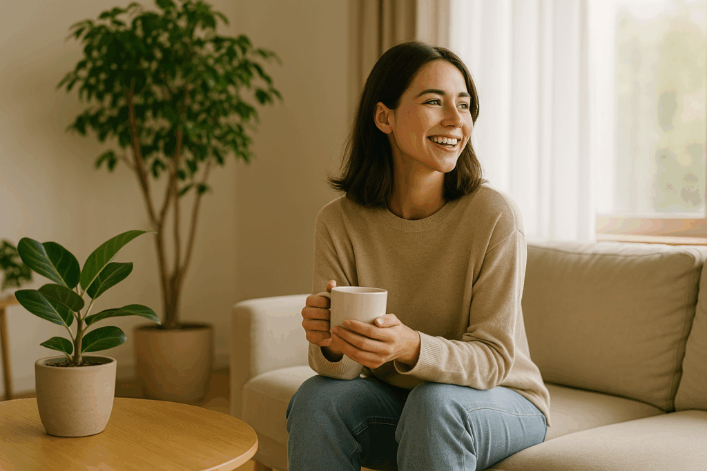 朝の光が差し込むリビングで、若い女性がコーヒーを手に微笑んでいる。観葉植物や木製テーブルが置かれた明るく落ち着いた空間で、快適な住まいと豊かな暮らしをイメージした構図。