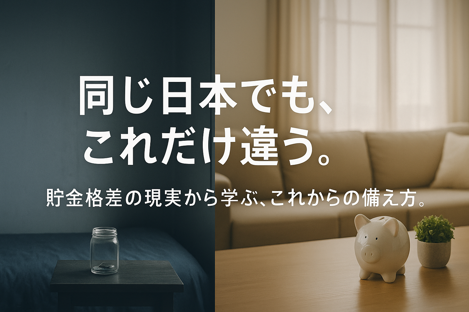 日本の貯金格差を象徴するように、左側に質素な部屋、右側に明るいリビングが並ぶ対比構図。お金の二極化と、そこから学び備えるというテーマを静かに表現したイメージ。