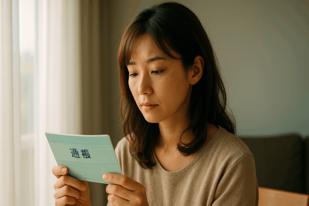 柔らかな朝の光が差し込む部屋で、30代の女性が通帳を手に、少し考え込む表情。
カーテン越しの光が静かな時間を演出し、「気づきの瞬間」を象徴。