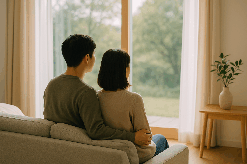 30代夫婦がリビングで寄り添いながら窓の外を眺め、これからの人生に希望を感じている様子