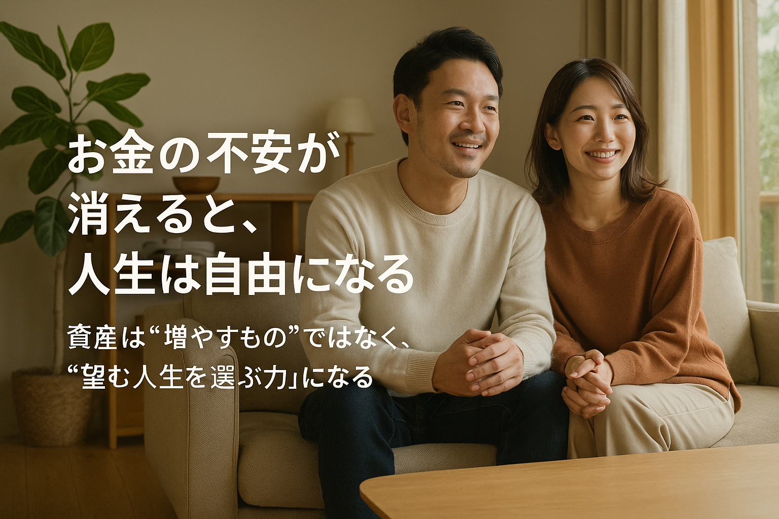 30代の日本人夫婦が明るい北欧風のリビングで安らぎを感じながら未来を見つめ、お金の不安から解放されて豊かな人生をイメージしている様子