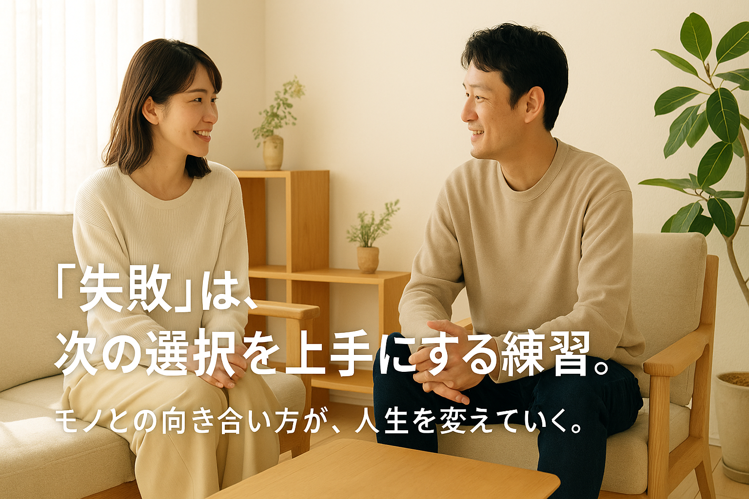 日差しの入るリビングで穏やかに話す30代の日本人カップル。ナチュラルな木目調の部屋に観葉植物があり、落ち着いた暮らしの温かさを感じるイメージ。
