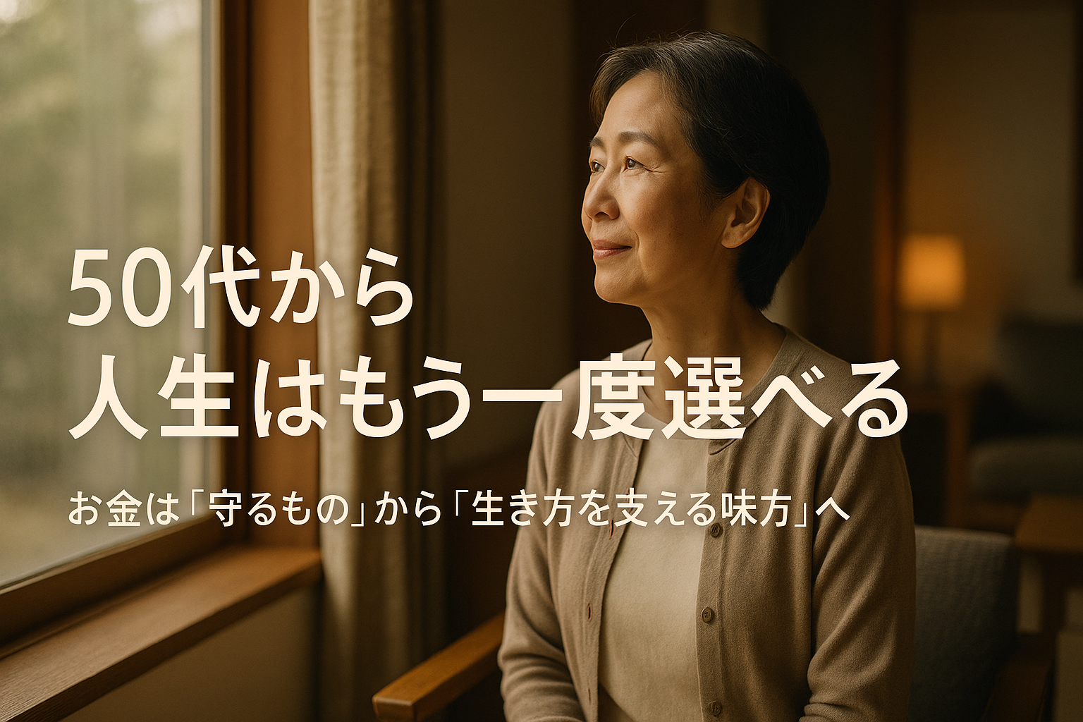 窓辺で柔らかな光を見つめる50代の女性が、これからの人生やお金の使い方について静かに考えている様子。老後の不安ではなく、自分らしい生き方を選び直そうとする前向きな気づきを表現したイメージ。