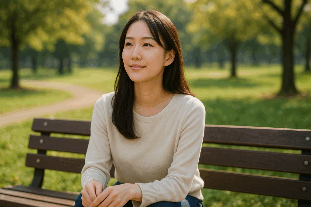 公園のベンチに座り、穏やかな表情で未来を見つめる20代の日本人女性。節約に追われるのではなく、心のゆとりと豊かさを育てる生き方を象徴するイメージ。