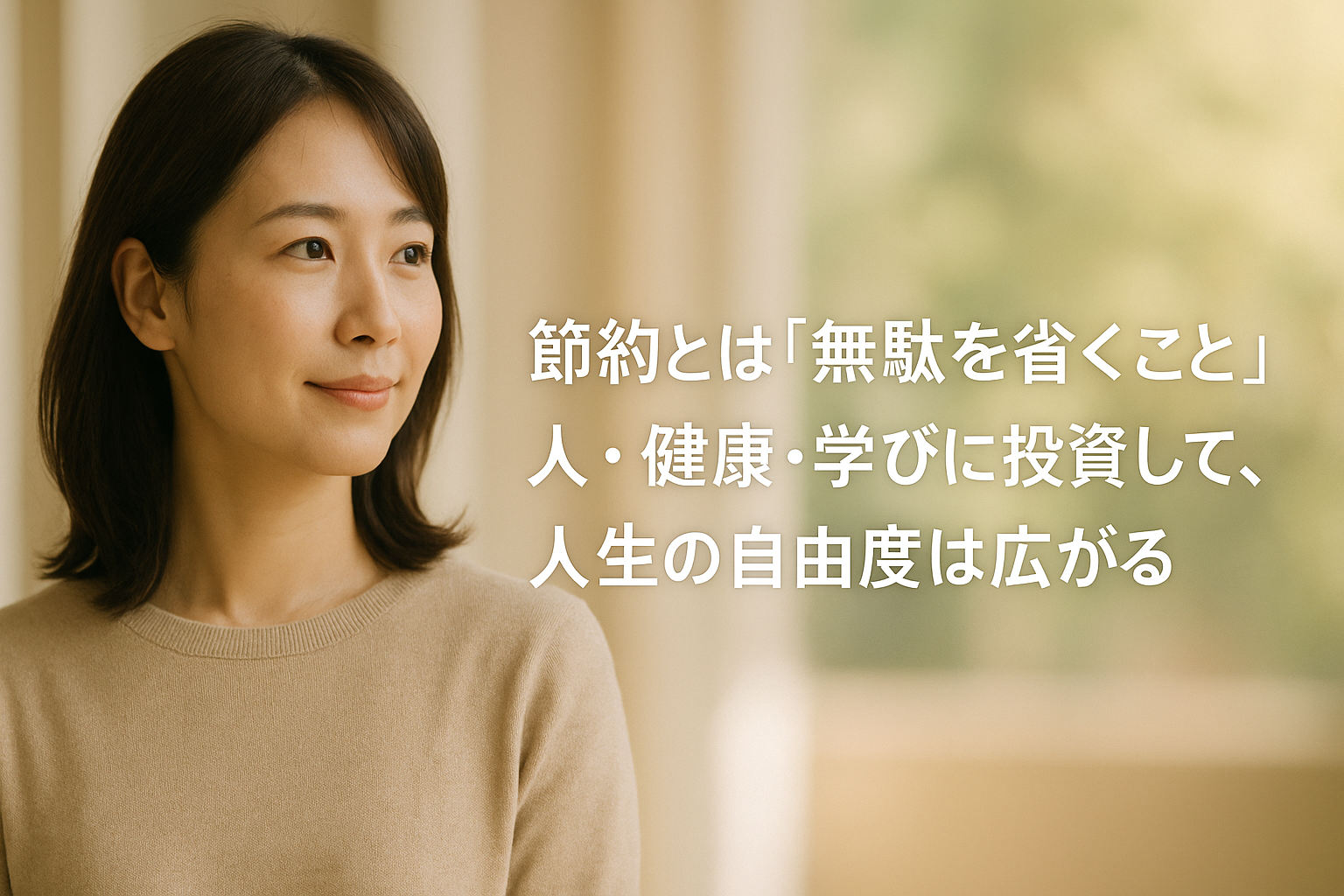 「節約とは無駄を省くこと」というテーマで、30代女性が柔らかい光の室内に立つ画像。人・健康・学びへの投資で人生の自由度が広がる内容を象徴する写真。