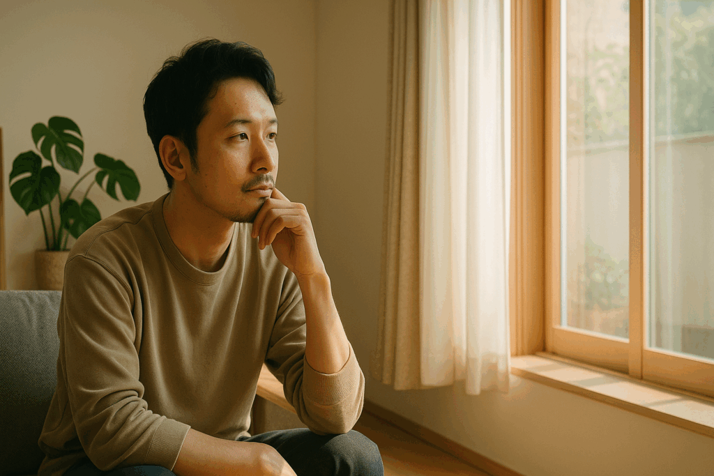 朝の光が差し込むリビングで静かに考え込む30代の日本人男性。生活を見直すきっかけを感じさせる穏やかな雰囲気。