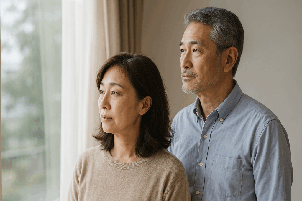 窓辺で外の光を静かに見つめる中年夫婦。柔らかな朝の光に包まれ、これからの生活やお金の使い方について穏やかに考えている様子を描いた、落ち着いた雰囲気のイメージ。