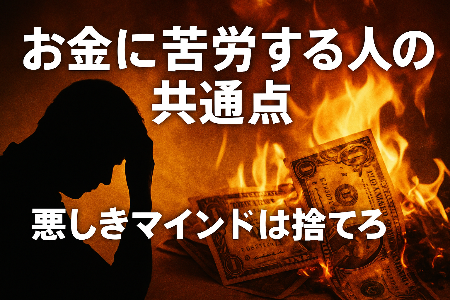 お金に苦労してる人の苦悩と、悪いお金の考え方を捨てる重要性を表したイメージ。誤ったマインドを燃やし捨て去るイメージのアイキャッチ。