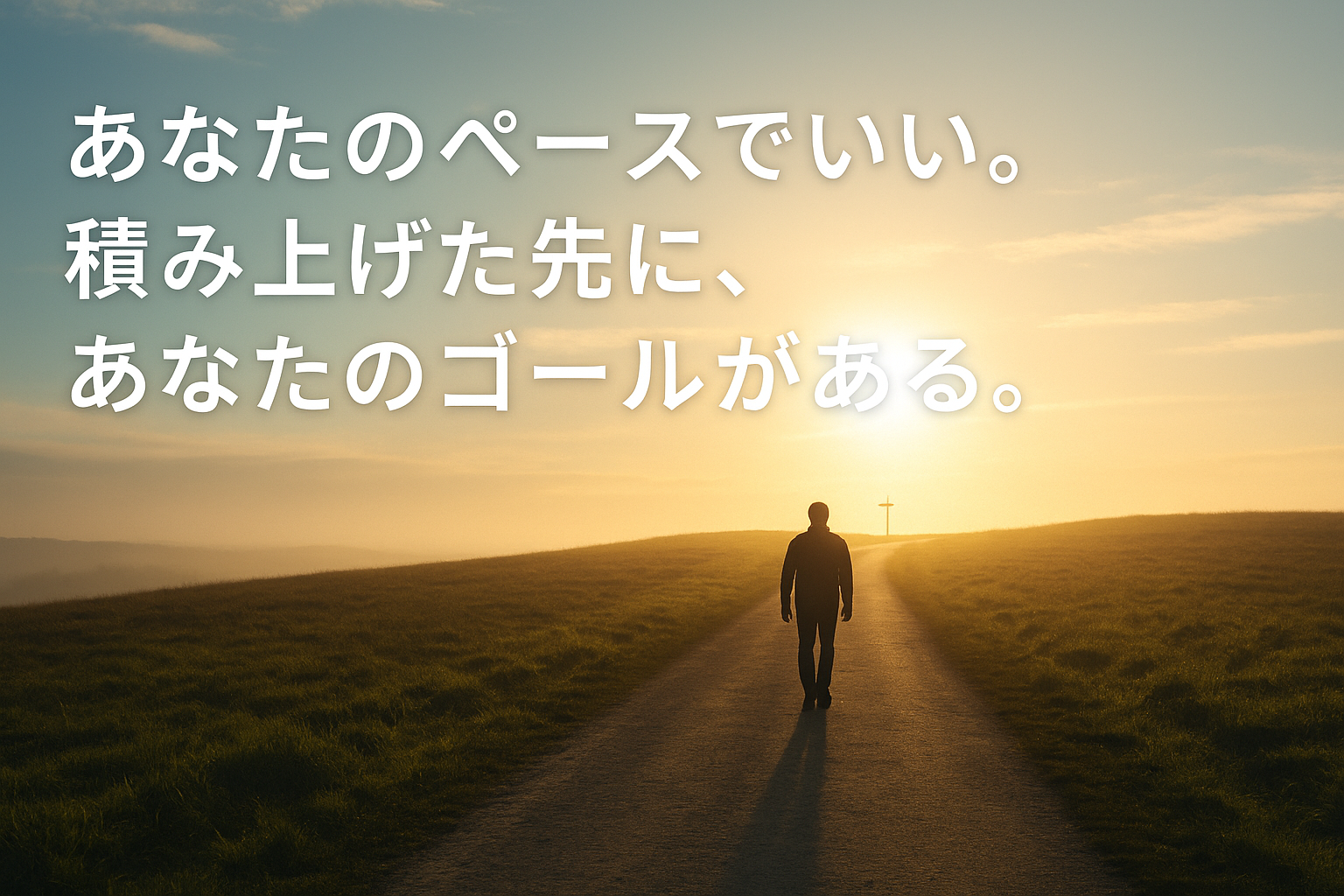 朝の光の中、自分のペースでゴールへ向かって進む人物を描いたイメージ。積み立て投資を続けて自分らしい目標を達成することをテーマにしたアイキャッチ。
