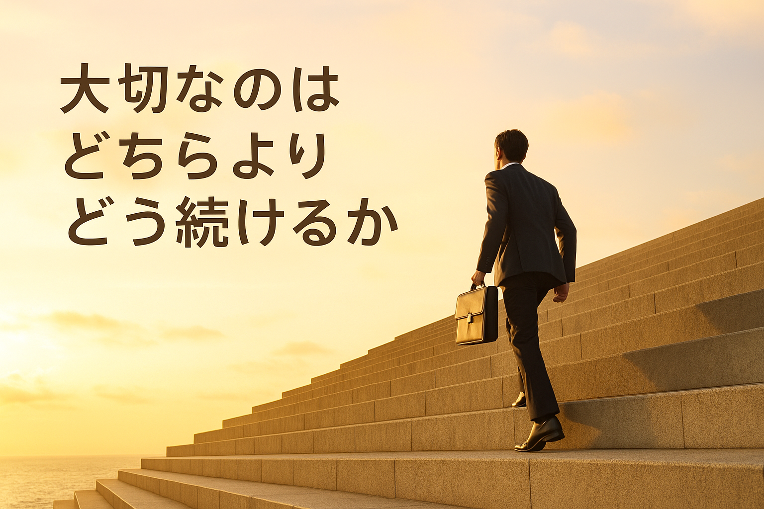 積立投資と一括投資のどちらが良いかよりも、継続することの大切さを表すイメージ。朝の光の中で階段を登る人物。