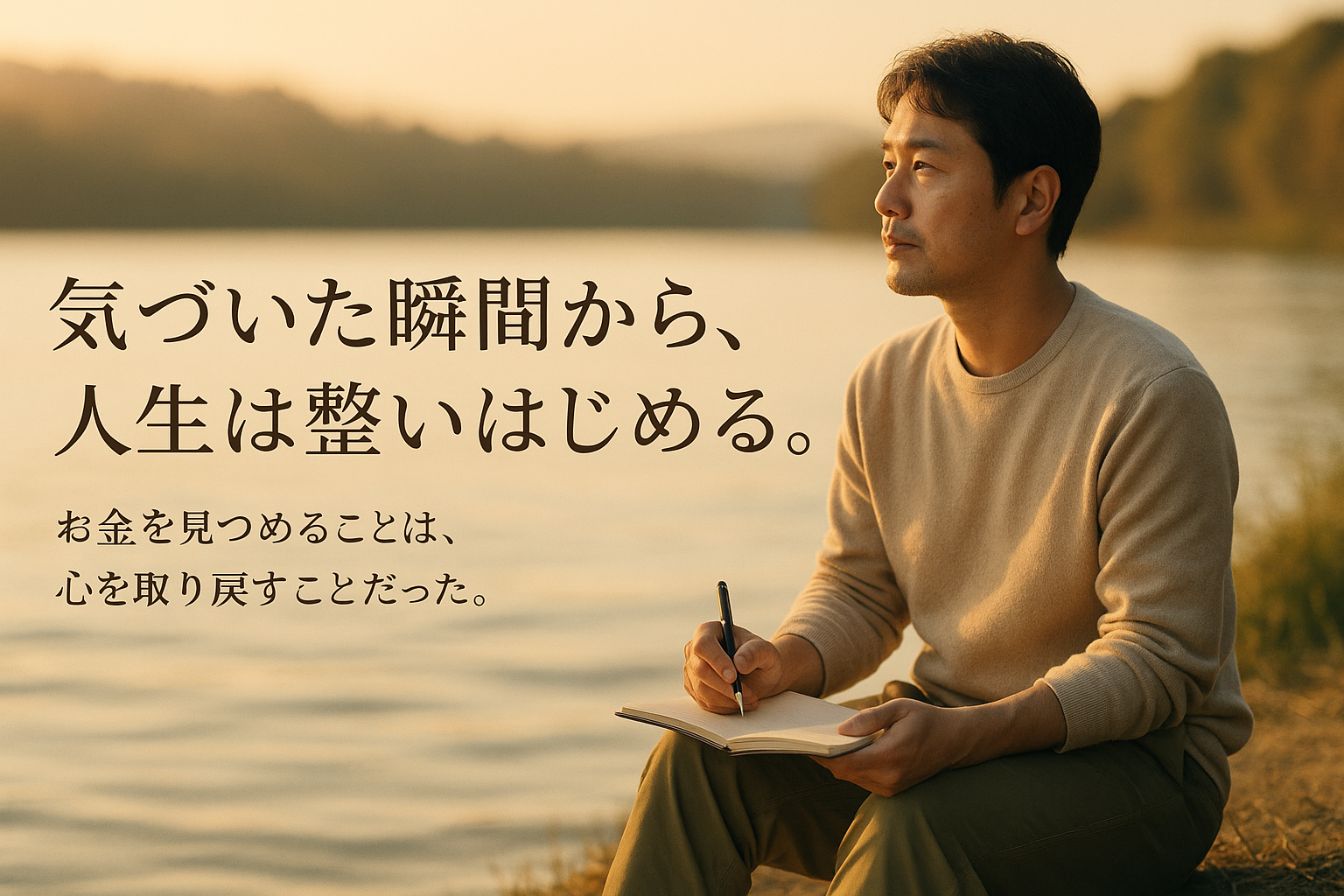 湖のほとりに座る40代の日本人男性が、夕方の柔らかな光に包まれながらノートを開いて考えている。静かで穏やかな雰囲気の中、「気づいた瞬間から、人生は整いはじめる」「お金を見つめることは、心を取り戻すことだった」という言葉が添えられている。