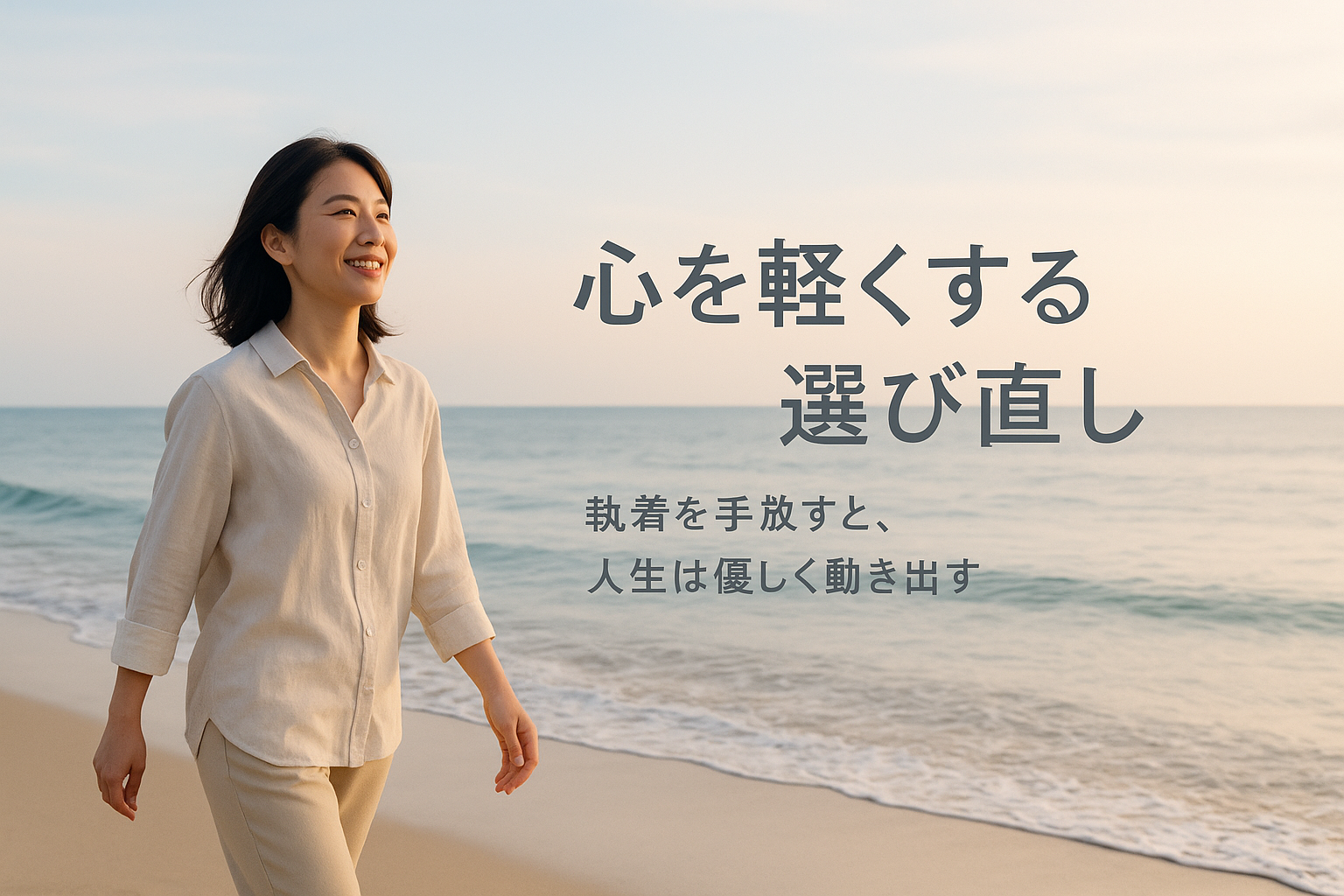 朝の波打ち際を、30代の日本人女性が穏やかな表情で歩く姿。右側には空と海が広がり、静かで落ち着いた雰囲気が伝わる写真。