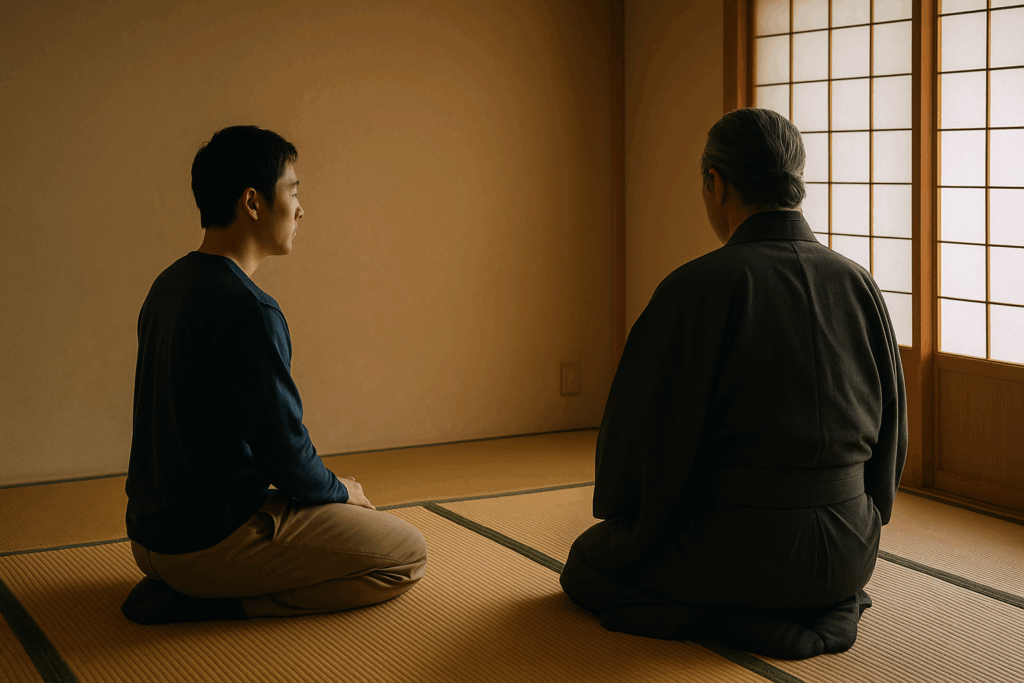 戦わない生き方を象徴するように、畳の和室で後ろ姿の師と弟子が静かに座り、心を整える教えを受けている情景。