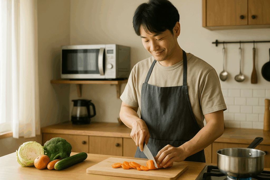 自宅のキッチンで簡単な料理を作る30代の日本人男性。落ち着いた朝の光の中で自炊を楽しむ様子。