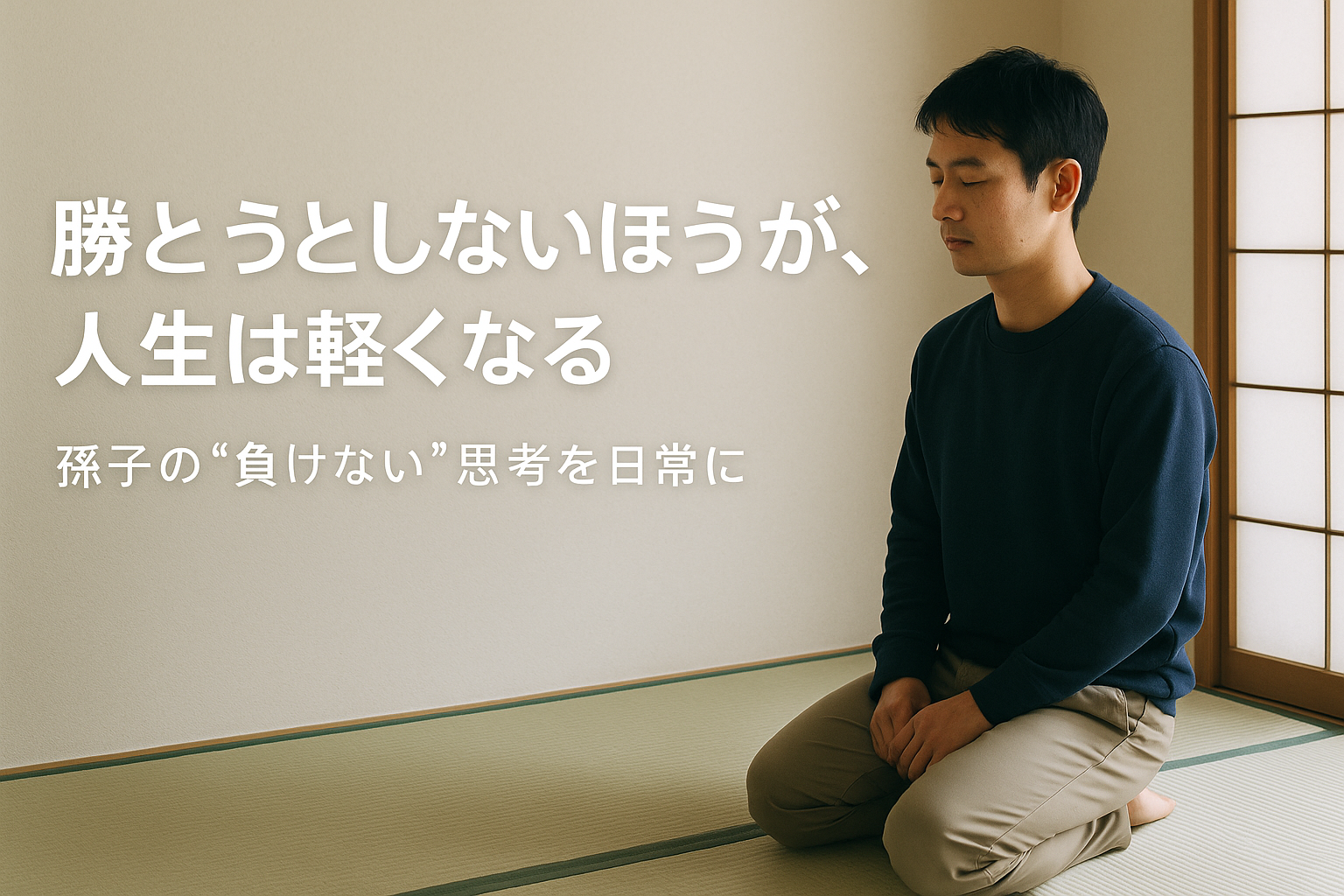 畳の和室で30代の男性が静かに正座し、朝のやわらかい光の中で目を閉じて落ち着いた時間を過ごしている様子。