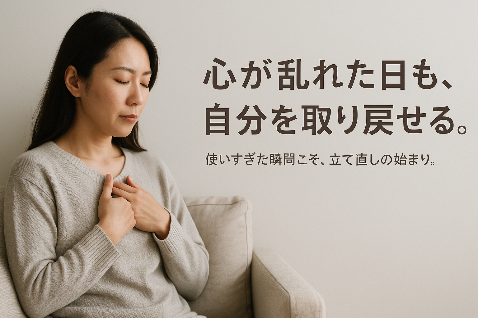 ソファに座り深呼吸する女性の横顔。落ち着いた雰囲気のアイキャッチ画像