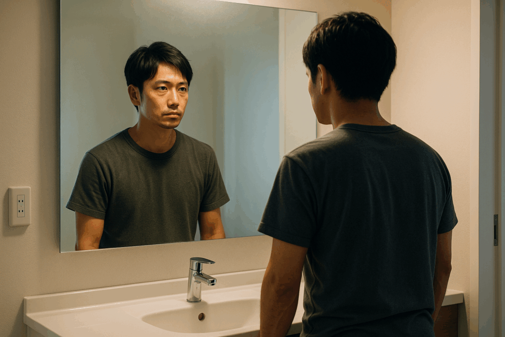 明るい室内で、洗面台の大きな鏡の前に立つ30代男性の後ろ姿。自然光と室内照明で柔らかく照らされ、鏡越しに自分を見つめる姿が静かに描かれている写真。