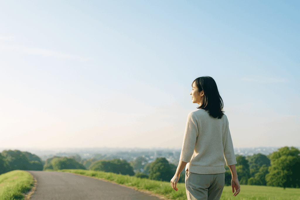 見晴らしのいい土手を笑顔で歩く女性の写真。心を整えるイメージ図。