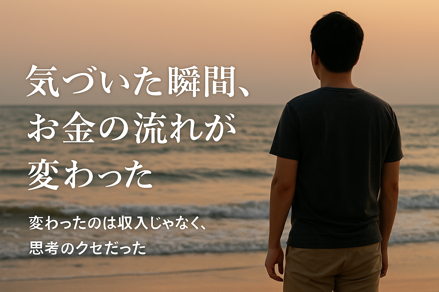 夕暮れの海辺で波を見つめる30代男性の後ろ姿。画面右側に人物が立ち、左側にはテキストが置ける広い余白が広がる構図。静けさと落ち着いた雰囲気の中で、自分の思考と向き合う様子を表現した写真。