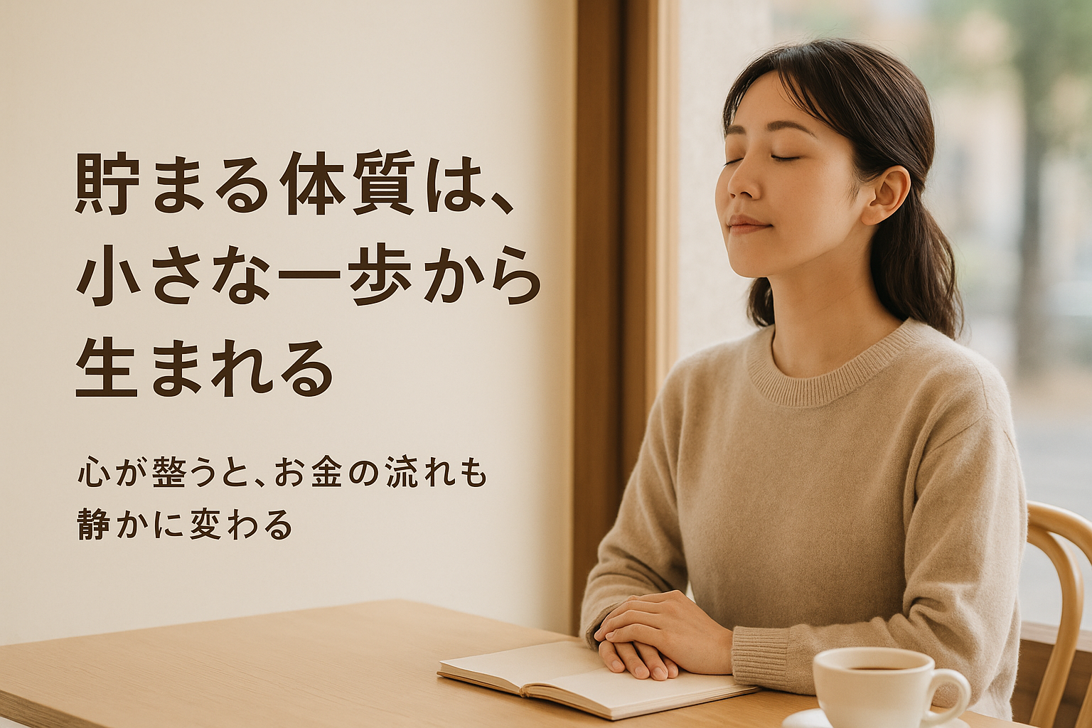 朝の自然光が差し込むカフェの窓際で、目を閉じて深呼吸する30代女性。落ち着いた表情で心を整えている様子を捉えた写真。