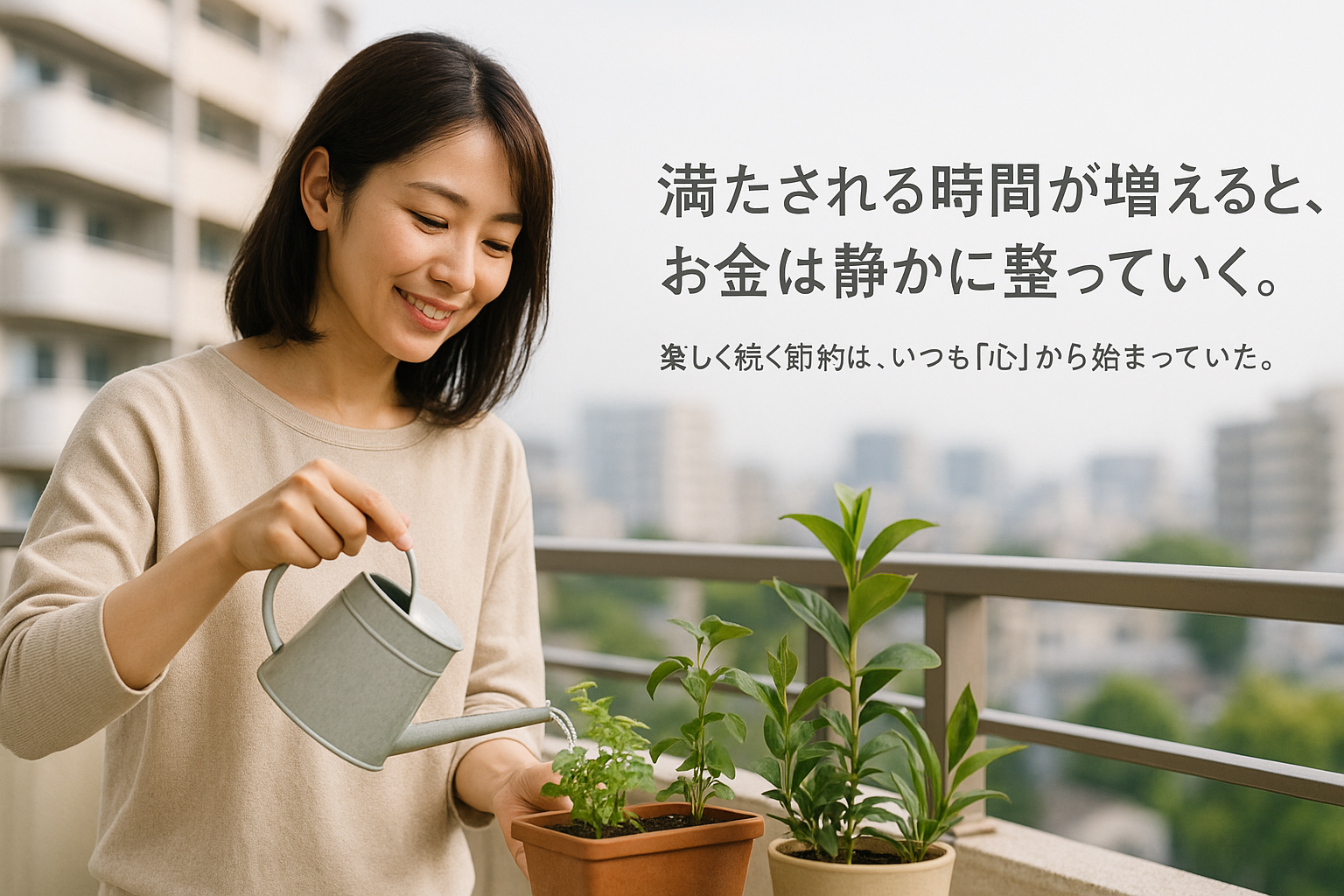 マンションのベランダで、30代の日本人女性がプランターの植物に水やりをする様子。画面右側に背景の空と建物が広がり、左に寄った人物が穏やかに微笑む構図。節約と心のゆとりを象徴する自然で誠実な雰囲気の写真。