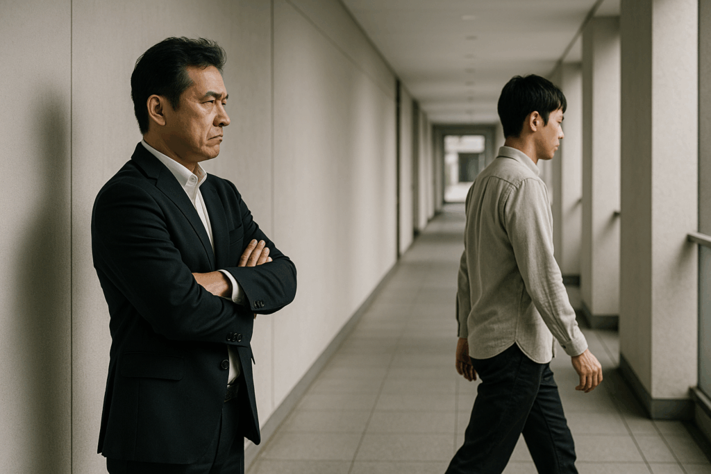 ビルの静かな通路で、腕を組んで立つ男性を横目に、30代の日本人男性が視線を向けずに前へ歩き去っている様子。二人の間に距離があり、争わず関わらない姿勢を示す構図。