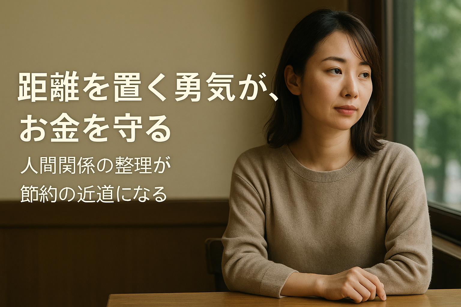静かなカフェの窓辺で穏やかに座る30代の女性。右側に人物が配置され、左に広い余白がある落ち着いた雰囲気の構図。人間関係の整理と節約の心構えをテーマにしたアイキャッチ画像。