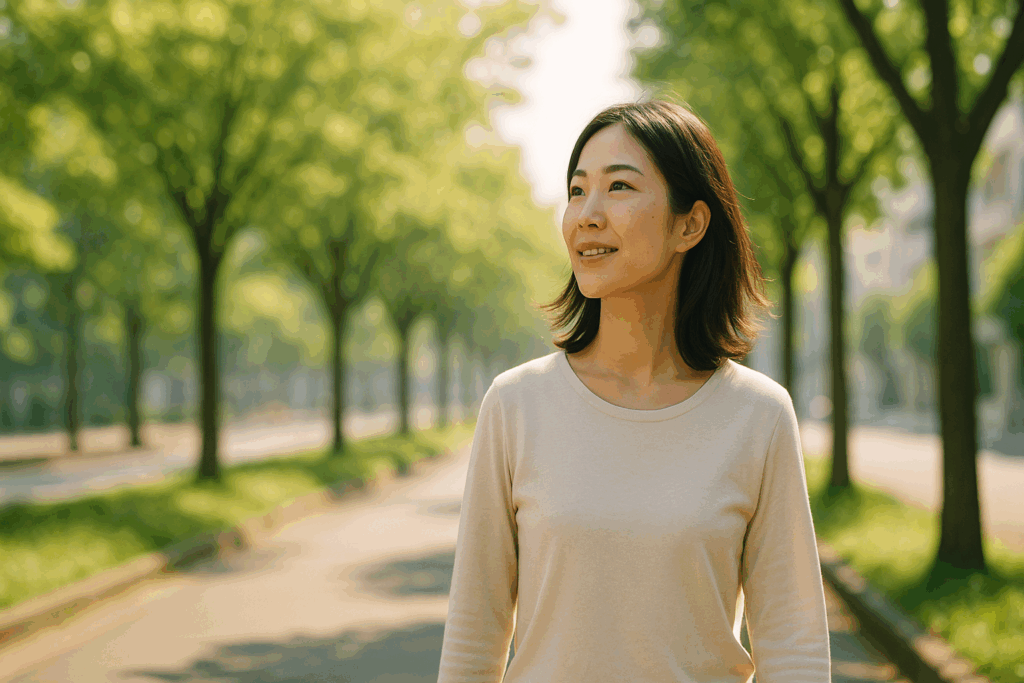 朝の柔らかな自然光の中、30代の女性が穏やかな表情で前を向いて歩いている